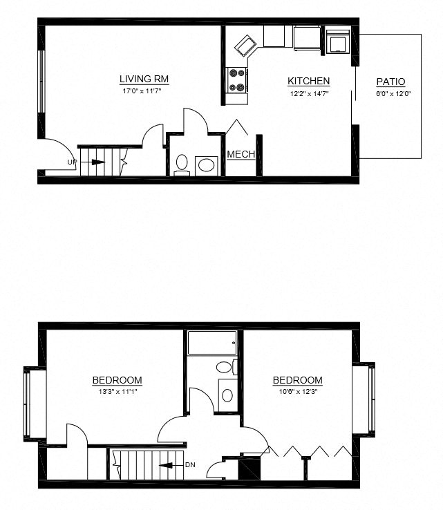 Floor plan for 2 beds, 1.5 baths, 1081 sqft